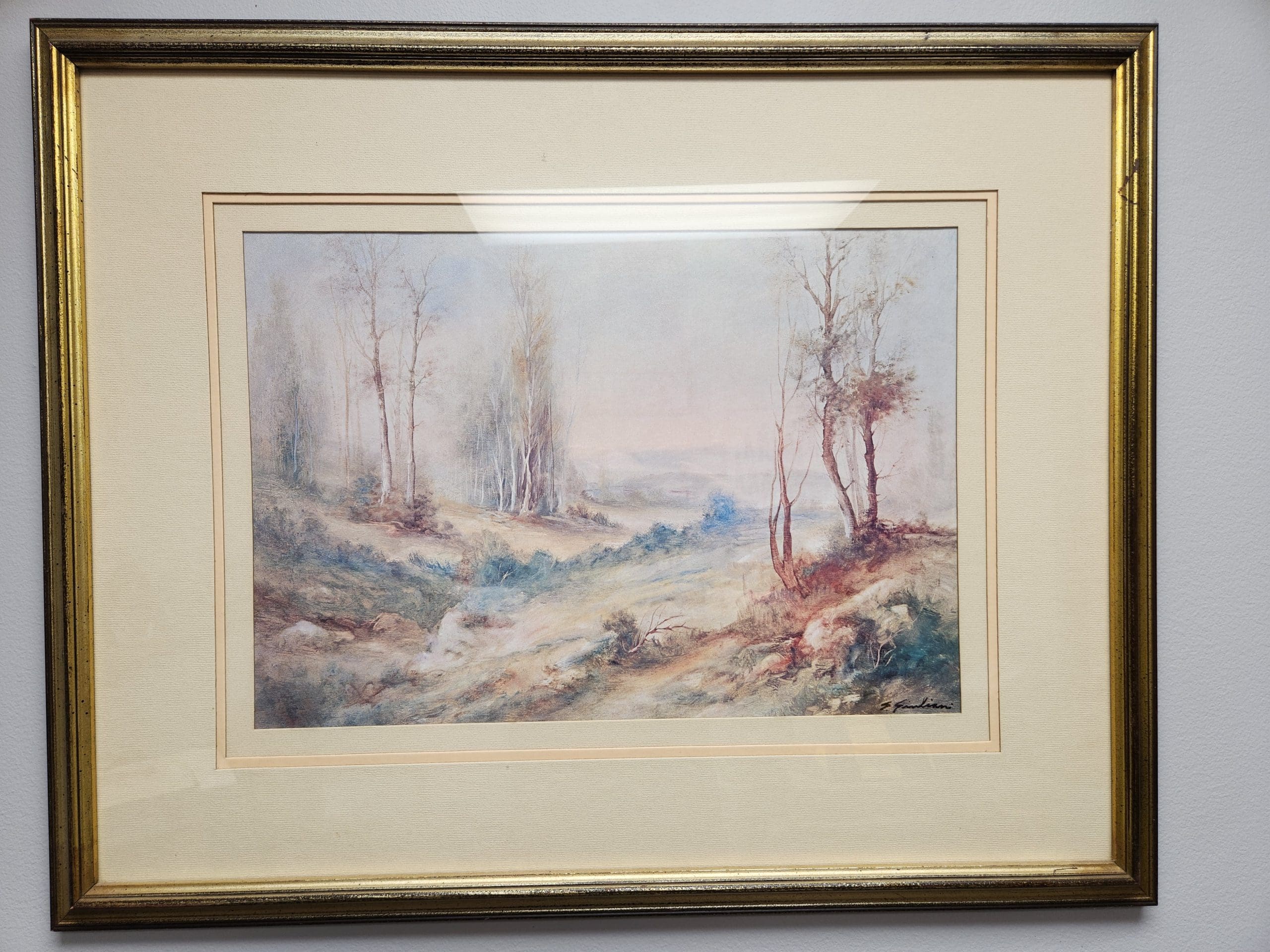 Framed watercolor image of forest with creek for sale